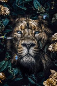 Glasschilderij leeuw - schilderij met bloemen - fotokunst - 120x80 cm