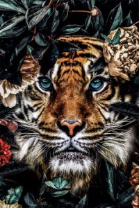 Glasschilderij tijger - schilderij met bloemen - fotokunst - 120x80 cm