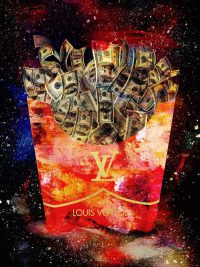 60 x 80 cm - glasschilderij - frietbakje - geld - Louis Vuitton - schilderij fotokunst - foto print op glas