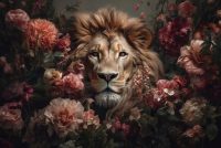 120 x 80 cm - glasschilderij - leeuw - kleurrijke bloemen - schilderij fotokunst - foto print op glas