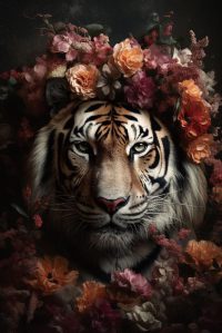 80 x 120 cm - glasschilderij - tijger - kleurrijke bloemen - schilderij fotokunst - foto print op glas