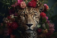 120 x 80 cm - glasschilderij - luipaard - kleurrijke bloemen - schilderij fotokunst - foto print op glas
