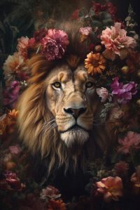 80 x 120 cm - glasschilderij - leeuw - kleurrijke bloemen - schilderij fotokunst - foto print op glas