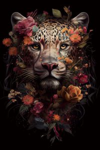 80 x 120 cm - glasschilderij - jaguar - kleurrijke bloemen - schilderij fotokunst - foto print op glas