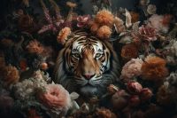 160 x 110 cm - glasschilderij - tijger - bloemen - schilderij fotokunst - foto print op glas