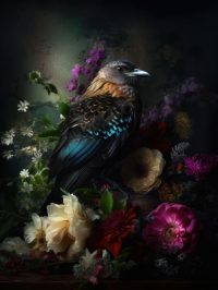 80 x 120 cm - glasschilderij - vogel in de bloemen - stilleven - schilderij fotokunst - foto print op glas - 3D reliëf