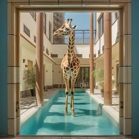 glasschilderij
  giraffe in gebouw 