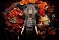 glasschilderij olifante met kleurrijke bloemen