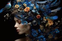 glasschilderij
  vrouw met blauwe bloemen 