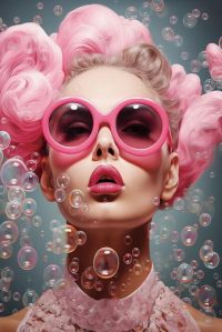 glasschilderij
  vrouw met roze bril 