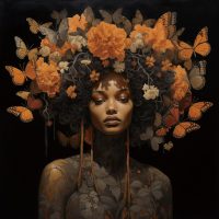 glasschilderij
  vrouw met vlinder en bloemen 