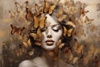glasschilderij
  vrouw omringd door vlinders 