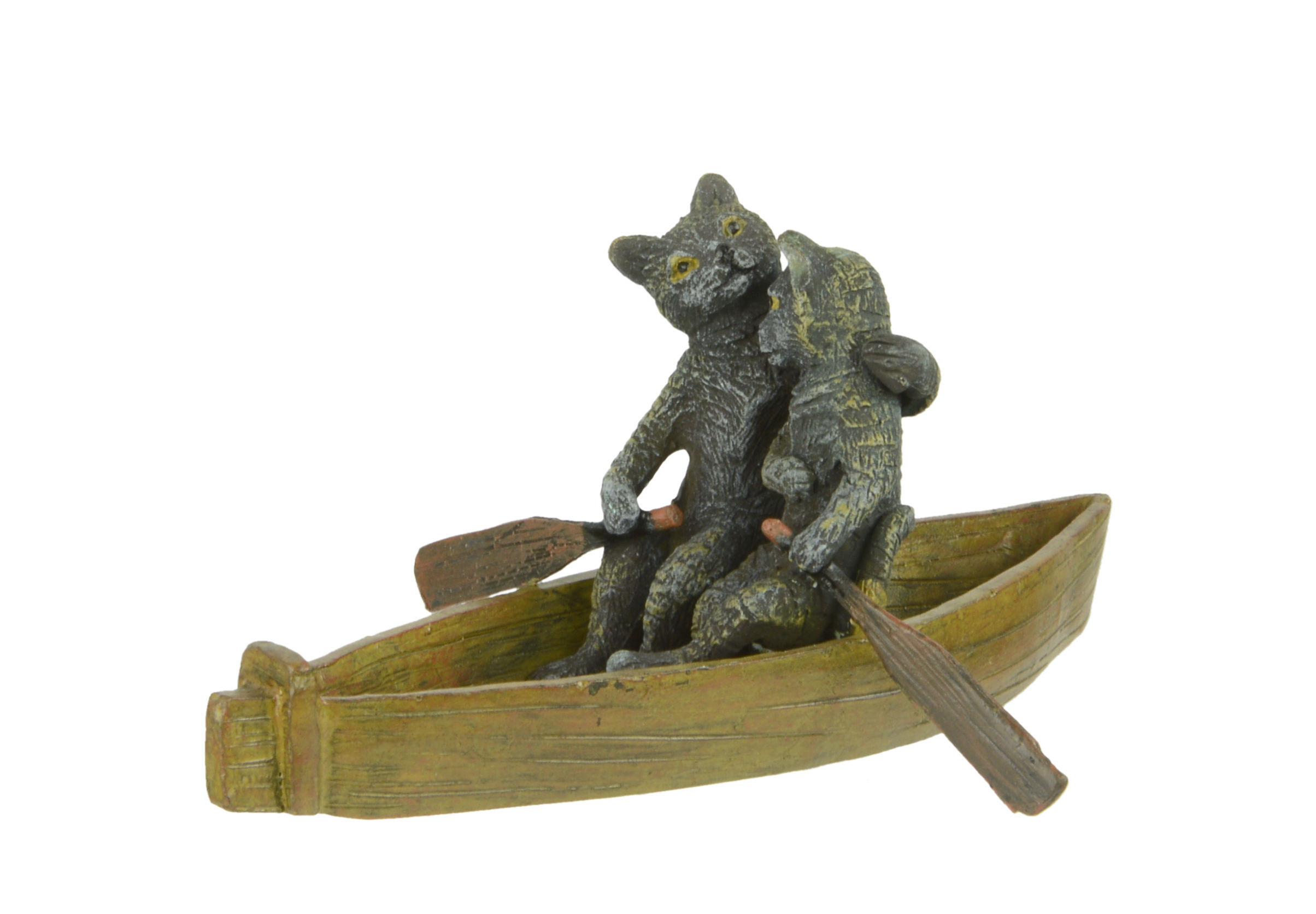 Bronzen beeld - 2 katten in een roeiboot - sculptuur - 8,3 cm hoog
