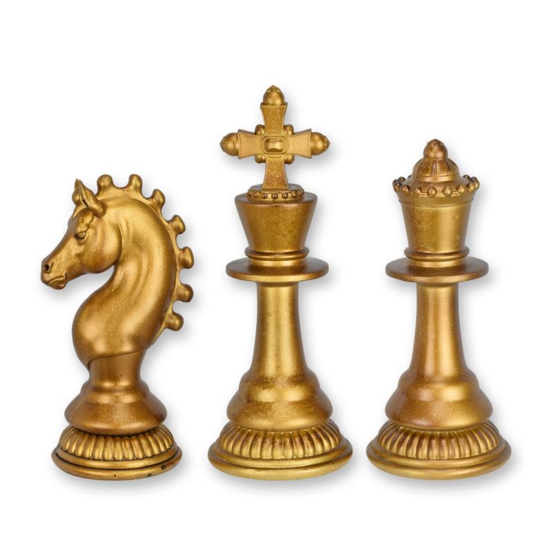 Resin decoratie - set van 3 schaakstukken - oud goud - 30,4 cm hoog