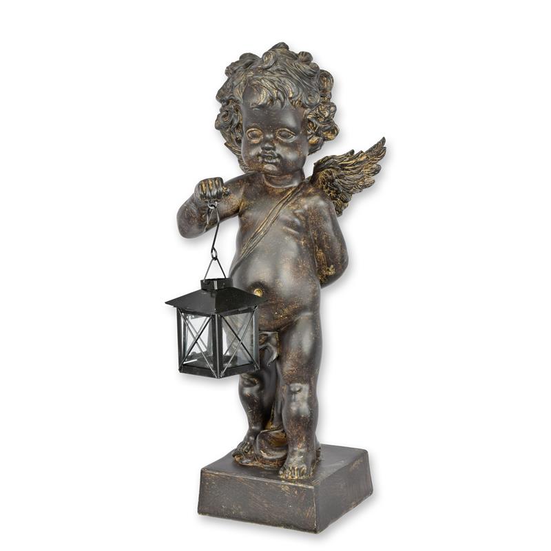Beeldje - Putto die een lantaarn vasthoudt - Resin / kunsthars - 46,4 cm hoog